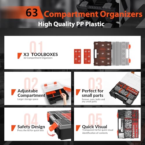 Hanging Tote Kit for Van Shelving Storage, Work Van Organizers and Storage Boxes, 3 Small Parts Tool Box Organizer 63 Compartments and 1 Metal Hanging Organizer Holder, Van Shelf Accessories