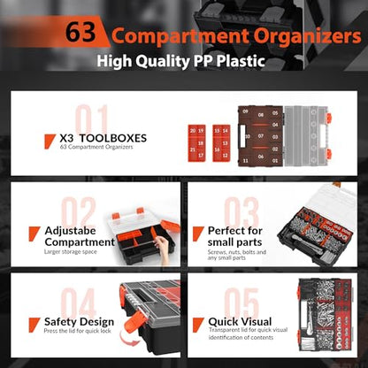 Hanging Tote Kit for Van Shelving Storage, Work Van Organizers and Storage Boxes, 3 Small Parts Tool Box Organizer 63 Compartments and 1 Metal Hanging Organizer Holder, Van Shelf Accessories