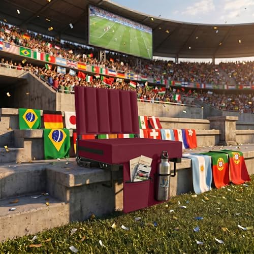 Stadium Seat for Bleachers with Back Support, Portable Bleacher Seat with Wide Comfy Padded Cushion, Metal Hook, Folding Stadium Chair with Shoulder Strap, Carry Handle, Cup Holder, Burgundy - color: Burgundy