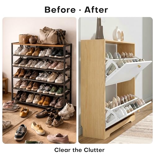 Nicetree Shoe Cabinet with 2 Flip Drawers, Narrow Shoe Organizer Cabinet, Freestanding Shoe Rack Cabinet, Modern Shoe Storage Cabinet for Entryway, Hallway, Foyer, Natural Oak and White - color: Natural Oak and White, style: 2-Drawers