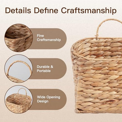 Set of 2 Wicker Hanging Wall Basket Woven Hanging Baskets Natural Water Hyacinth Wall Mounted Storage Baskets with Handle Farmhouse Home Decor for Organizing Front Door Entryway Mail Flowers Plant