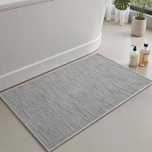 AMOAMI Bath Mat Non Slip Super Absorbent Quick Dry Bath Mats for Bathroom Floor Rubber Backing Washable Bathroom Rugs Modern Woven Jacquard Mat, Beside Tub Bath Rugs, 17" x 24", LightGrey - color: Lightgrey, size: 17" x 24"