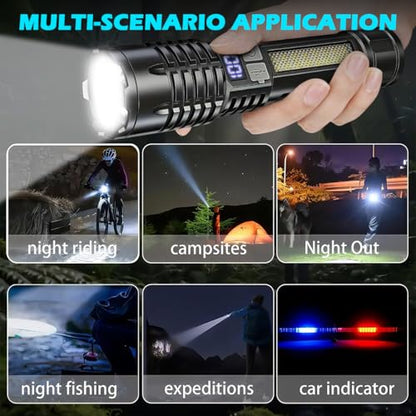 Rechargeable Flashlights with Side Light & Digital Power Display, Bright LED Flashlight with Warning Lights, 5 Modes & Waterproof for Emergency, Camping, Hiking and Home - color: Black