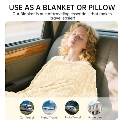 Travel Blanket and Pillow-2-in-1, Ultra-Soft&Compact, One-Piece Airplane Blanket with Hand Luggage Belt and Backpack Clip,Travelers Accessories Gifts, 61x43 Inches(White) - color: White