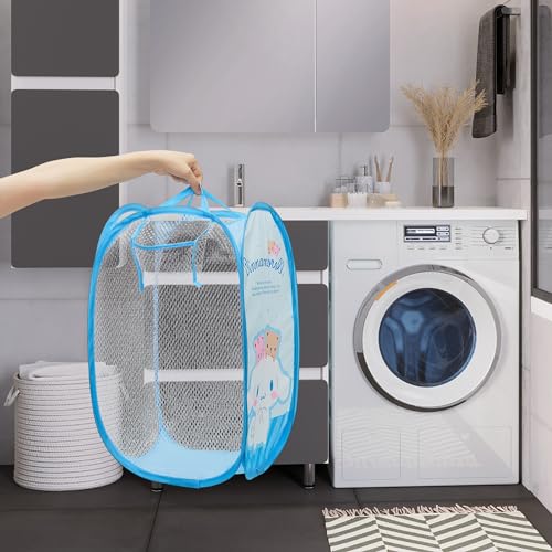 Cute Mesh Popup Laundry Hamper with Carry Handles, Large Capacity Foldable Lightweight Dirty Clothes Basket for Girls Room, Dorm | Travel & Camping - color: Blue-1-2