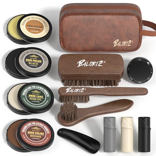 Shoe Shine Kit For Men & Women, 13Pcs Leather Shoe Polish Kit Christmas Gifts with Shoe Polish, Mink Oil, Horsehair Brush for Leather Boot Shoe Care Kit Mens Dad Birthday Gifts Ideas