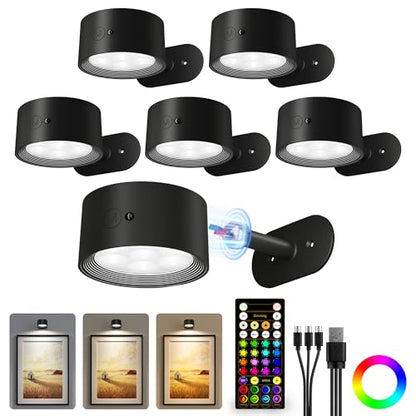 Picture Lights for Wall, 2000mAh Rechargeable Magnetic Art Lights with 3 Color Temps & RGB, Remote Dimmable Battery Operated Wall Light for Bedroom, Living Room, Gallery (Black, 6 Pack) - color: Black