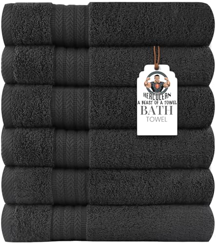 HERCULEAN Large Bath Towels 24 x 50 Pack of 6 | Quick Dry and Highly Absorbent | 100% Cotton Terry Towels for Bathroom - Perfect for Shower - Pool and Spa - Luxury Soft Towels - Charcoal Grey - color: Charcoal Grey, size: 24" x 50" PK 6