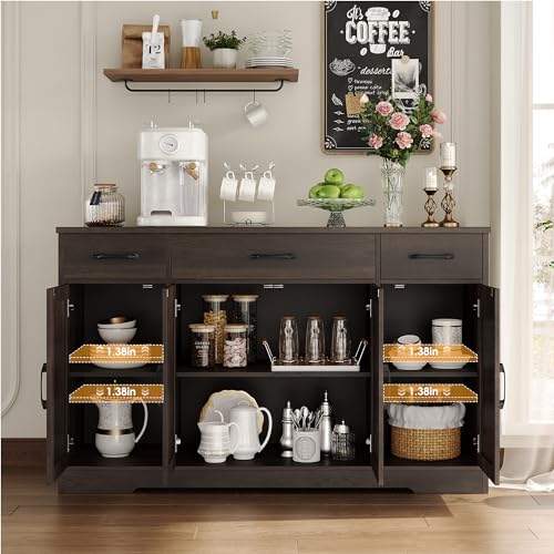 HOSTACK Buffet Cabinet with Drawers, 55" Large Sideboard Buffet Storage Cabinet with Shelves and Doors, Modern Farmhouse Coffee Bar Station Wood Kitchen Table for Kitchen, Dining Room, Dark Brown - color: Dark Brown