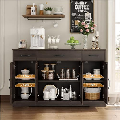HOSTACK Buffet Cabinet with Drawers, 55" Large Sideboard Buffet Storage Cabinet with Shelves and Doors, Modern Farmhouse Coffee Bar Station Wood Kitchen Table for Kitchen, Dining Room, Dark Brown - color: Dark Brown