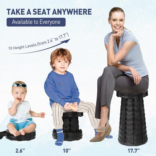 Upgraded Collapsible Stool, Portable Folding Stool with Load Capacity 500lbs for Adults, Sturdy Telescopic Seat for Camping Fishing Hiking BBQ, Black - color: Black