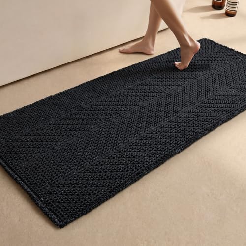 Sunfly Long Black Bathroom Rug, Waffle Bath Mat Non-Slip Washable Super Absorbent Quick Dry, Boho Farmhouse Bathroom Runner Decor 24"x72" Black - color: Black, size: 2' x 6' (Rectangular)