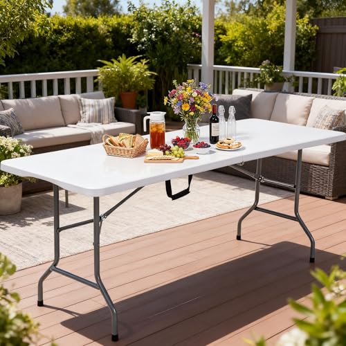 YITAHOME Heavy-Duty 6ft Folding Table with Handle, Portable Rectangle Folding Table for Easy Storage, Ideal for Outdoors Camping, Picnics, Parties & Indoor Events, White - color: White
