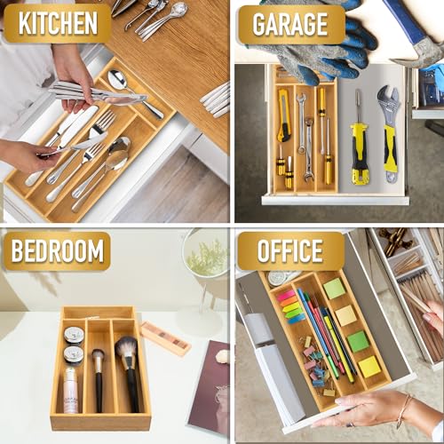 Silverware Organizer - Bamboo Kitchen Drawer Utensil Holder with 4 Slots (Natural) - color: Natural, size: 4 Slots