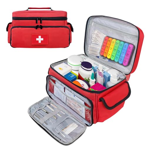 ALSLEA First Aid Bag Empty First Aid Kit Storage Box 12" x 9" x 7" Medical Bag Portable Pill Bottle Organizer Case for Car, Travel, Office, Outdoor, Camping, Hiking, School (Red) - color: Red