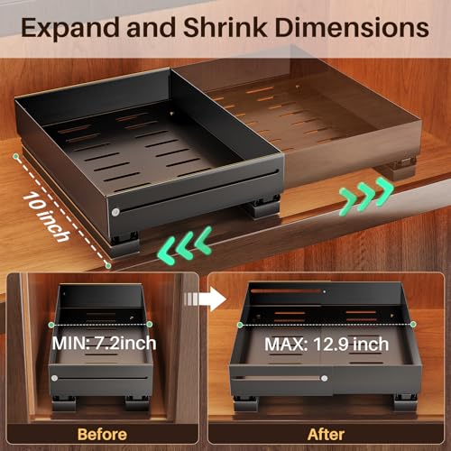 SNTD Pull Out Spice Rack for Upper Cabinet - Expandable Organizer with Smooth Ball Bearing Slides, No Drill Mounting Spice Storage for Kitchen (1 Pack, 7.2" to 12.9" W X 10" D X 2.2" H) - size: 7.2"W X 10"D X 2.2"H