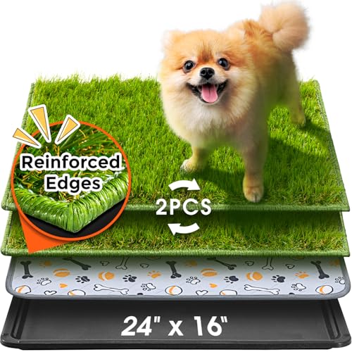 Hompet Dog Grass Pad with Tray Large, 24"x16", 2 Reusable Artificial Turf for Dogs Potty, Waterproof Non-Slip Washable Pee Pads, Quickly Absorbency Portable Dog Litter Box for Indoor/Outdoor Use - color: Black, size: 24 x 16"