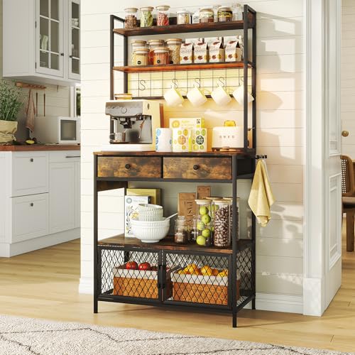 jiteentarou 64 inch Coffee Bar Cabinet with Power Outlets and Drawers,5-Tier Bakers Rack with Storage,Microwave Stand for Kitchen Industrial Coffee Bar Station with LED Lights and Hook