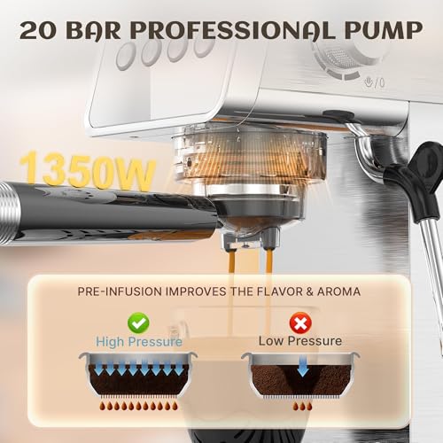 AYCHIRO 20 Bar Espresso Machine, Professional Espresso Machine with Milk Frother, Compact Espresso Maker for Cappuccino and Latte, Removable Water Tank and Drip Tray - color: SS-Silver