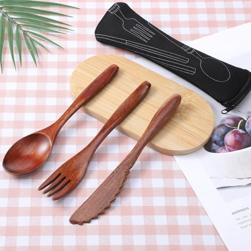 3 PCS Wooden Spoons for Eating Travel Wooden Utensil Set Reusable Utensils Set Portable Cutlery Wooden-Fork and Spoon with Bag for Travel Camping
