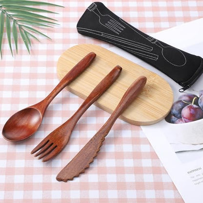 3 PCS Wooden Spoons for Eating Travel Wooden Utensil Set Reusable Utensils Set Portable Cutlery Wooden-Fork and Spoon with Bag for Travel Camping