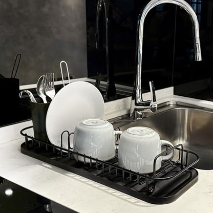 SunnyPoint 304 Stainless Steel NeverRust Compact Dish Drying Rack with Utensil Holder & Removable Drain Tray, Rustproof Small Dish Rack for Kitchen Countertop or Over Sink – Black - color: Blk