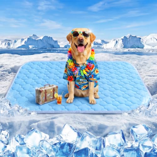 Dog Cooling Mat for Large Dogs, Long-Lasting Cool Pad for Dogs Outdoor & Indoor Use w Waterproof Cover, Summer Cooling Pet Bed 36" x 26", Non-Slip Washable Pet Blanket (Cryo Ice Blue) - color: Cryo Blue Cloud Stitching, size: Large