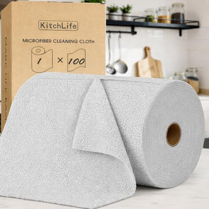 KitchLife Microfiber Cleaning Cloth Roll, 100 Pack - Tear-Away Microfiber Paper Towels, Lint-Free, Reusable, Washable for Kitchen, Car, Dishes, and Sensitive Surfaces (Light Gray) - color: Light Gray, size: 100 Pack