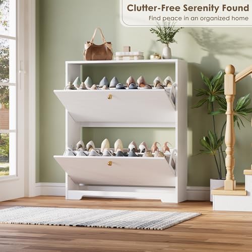 Nicetree Shoe Cabinet with 2 Flip Drawers, Narrow Shoe Organizer Cabinet, Freestanding Shoe Rack Cabinet, Modern Shoe Storage Cabinet for Entryway, Hallway, Foyer, White - color: White, style: 2-Drawers