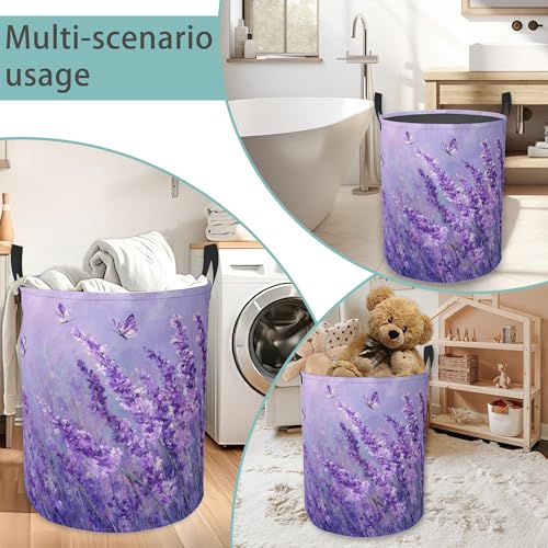 Purple Lavender Round Laundry Basket Collapsible Laundry Hamper with Handles Toys Clothes Organizer Bin For Home Bathroom Bedroom Dorm Nursery - color: Purple Lavender