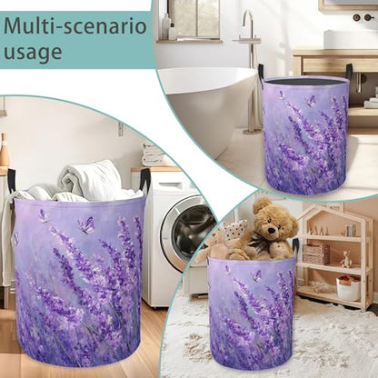 Purple Lavender Round Laundry Basket Collapsible Laundry Hamper with Handles Toys Clothes Organizer Bin For Home Bathroom Bedroom Dorm Nursery - color: Purple Lavender