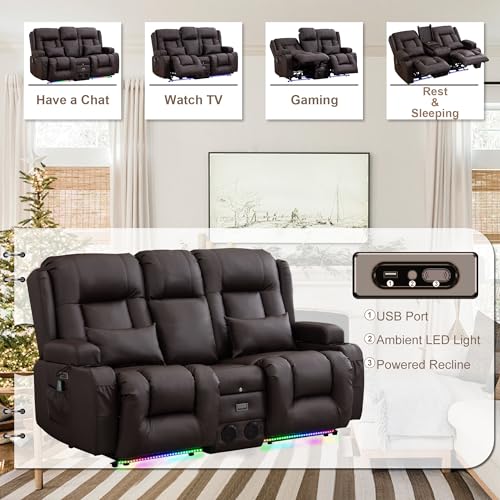TUNYI Power Loveseat Recliner Sofa with Massage & Heat Home Theater Seating with Console RV Recliner Loveseat Sofa with USB/Storage/Side Pocket/LED Light/Speaker (Brown, Loveseat) - color: Brown, size: 2 Seat