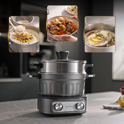 N74SNA Hot Pot Electric, Multi-Cooker 2.5 Quart Grill Steamer Set, PFOA-Free Nonstick for Steak, Soup, Fried Rice, Oatmeal, Egg, Ramen with Power Adjustment - size: Dual-Handle Pot