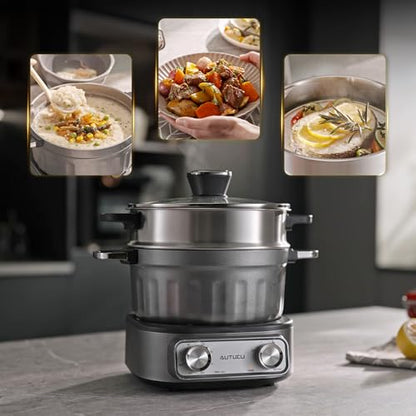 N74SNA Hot Pot Electric, Multi-Cooker 2.5 Quart Grill Steamer Set, PFOA-Free Nonstick for Steak, Soup, Fried Rice, Oatmeal, Egg, Ramen with Power Adjustment - size: Dual-Handle Pot