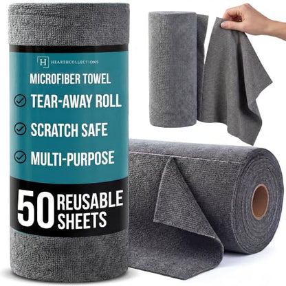 Microfiber Cleaning Cloth Roll Tearaway, 50 PCS Tear Away Towels, Reusable & Washable, Ultra Absorbent 12" x 12" Dish Rags for Car, Home, Kitchen, , 180 GSM Thickness, Paper Towel Alternative - color: Grey
