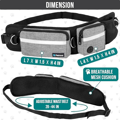 PetAmi Hands Free Dog Leash Belt Bag for Walking, Jogging - Double Zipper Pouch with Poop Bag Dispenser, Dual Padded Handles Reflective Bungee Leash, Single (Heather Grey) - color: Heather Grey, size: 1 Leash
