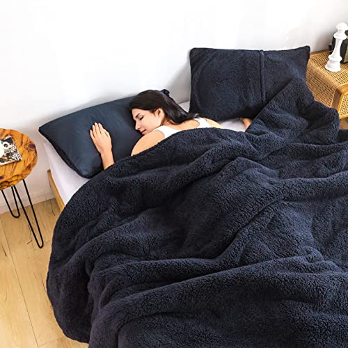 COTTEBED Warm Comforter Queen Size Sherpa Comforter Set Fuzzy Bedding Comforters Washable Cotton Fleece Down Alternative Lightweight Comforter and Pillow Shams(Dark Navy Blue,Full/Queen) - color: Dark Navy Blue, size: Full/Queen(Sherpa)