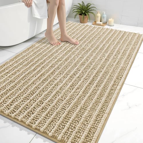Arotive Luxury Bathroom Rugs 59x35, Extra Soft Thick Absorbent Shaggy Chenille Bath Rugs, Non-Slip Machine Wash Dry, Bath Mats for Bathroom Floor, Tub and Shower, Home Decor Accessories, Beige - color: Beige, size: 59" X 35"