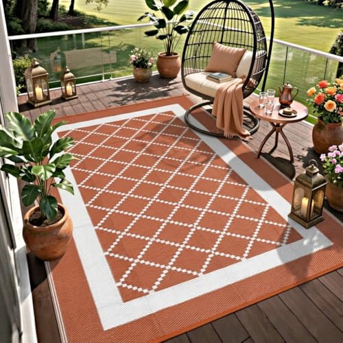 Garvee 8x10 Outdoor Rug Waterproof Reversible Mat Boho Trellis Outdoor Plastic Straw Patio Rug with 4 Stakes and Starage Bag Portable Rugs for Camping Porch Deck Rv Balcony Backyard Beach, Terracotta - color: Geometric|terracotta, size: 8' x 10' (Rectangu