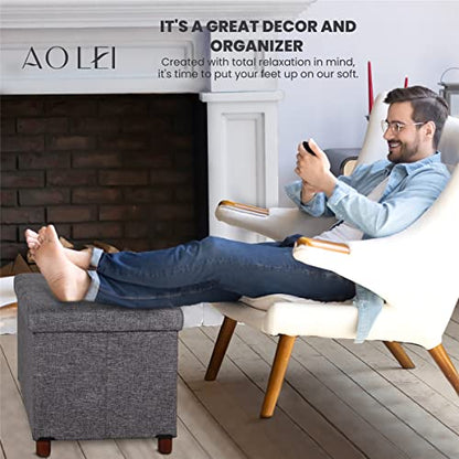 30 Inches Storage Ottoman Bench, Rect Grey, Modern, Classic Style, Linen Fabric, Walnut Wood Legs - color: Rect Grey