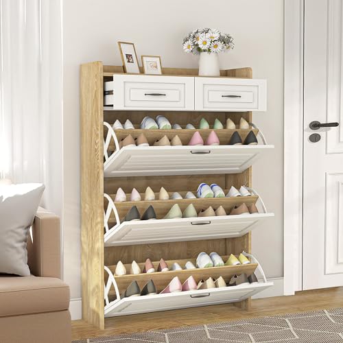 Vibe & Dine Shoe Cabinet with 3 Large Flip Drawers & 2 Storage Drawers, Narrow Shoe Organizer Cabinet Fits for Kinds of Shoes, Slim Shoe Storage Cabinet for Entryway, Hallway, Bedroom, Natural Wood - color: White and Wood, size: Large