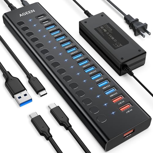 AGEEN 16-Port Powered USB 3.2 Hub-10Gbps SuperSpeed Data Splitter with 2 USB-C & 11 USB-A Ports, 3 x 24W QC 3.0 Fast Charging Ports, Individual On/Off Switches, 96W Power Adapter for Laptop, PC - size: 16-Port (10Gbps)