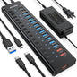 AGEEN 16-Port Powered USB 3.2 Hub-10Gbps SuperSpeed Data Splitter with 2 USB-C & 11 USB-A Ports, 3 x 24W QC 3.0 Fast Charging Ports, Individual On/Off Switches, 96W Power Adapter for Laptop, PC - size: 16-Port (10Gbps)