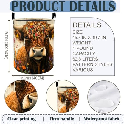 Highland Cow Laundry Basket Hamper 19.7"x15.8", Farm Animal Foldable Waterproof Oxford Clothes Storage Bucket for Room Bathroom Bedroom Nursery Decor, Toy Organizer Bins Gifts for Kids Boys Girls - style: Highland Cow02