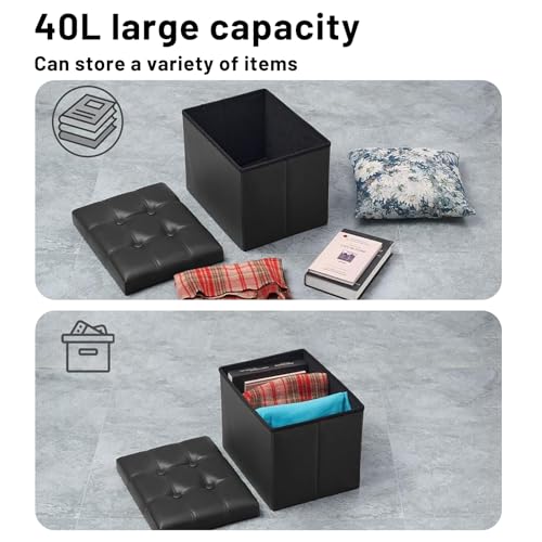 Bsketa Storage Ottoman Foot Rest Stool, Small Leather Storage Ottomans Bench, Folding Footstool with Side Pockets, Foot Rest Under Desk for Living Room Bedroom, 16x12x12 in, Black - color: Black-with Side Pockets...