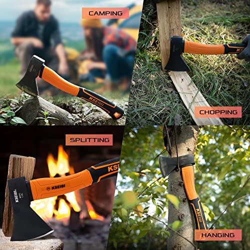 KSEIBI Wood Axe, Small Outdoor Camp Hatchet for Splitting and Kindling Wood, Forged Steel Blade with Anti-Slip and Shock Reduction Handle Great Throwing Axes and Hatchets (Modern) - style: Modern Orange