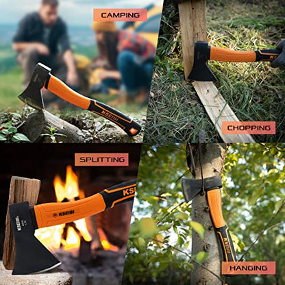 KSEIBI Wood Axe, Small Outdoor Camp Hatchet for Splitting and Kindling Wood, Forged Steel Blade with Anti-Slip and Shock Reduction Handle Great Throwing Axes and Hatchets (Modern) - style: Modern Orange