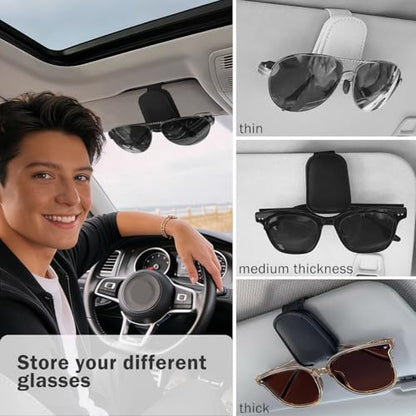 Sunglass Holder for Car Visor, Magnetic Leather Sunglasses Holder and Ticket Card Clip for Car - color: Beige
