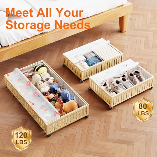Bamboo Under Bed Storage Containers with Wheels, 40L UnderBed Drawers with Dust Bag, Breathable Under Bed Shoe Storage, Rolling UnderBed Clothes Storage, 1Pack - size: 24.02"L ×16.54"W, style: 1Pack