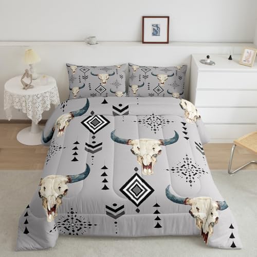 Feelyou Kids Western Bull Skull Comforter Set Twin Size, Southwestern Aztec Bedding Set Boys Girls Boho Tribal Comforter Ethnic Bohemian Rustic Country Teens Duvet Set Bedroom Decor 2Pcs - color: Multi K02, size: Twin